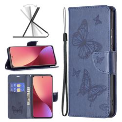 Embossing Double Butterfly Leather Wallet Case for Xiaomi Mi 12 - Dark Blue