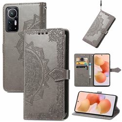 Embossing Imprint Mandala Flower Leather Wallet Case for Xiaomi Mi 12 - Gray