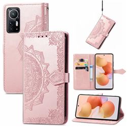 Embossing Imprint Mandala Flower Leather Wallet Case for Xiaomi Mi 12 - Rose Gold