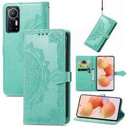 Embossing Imprint Mandala Flower Leather Wallet Case for Xiaomi Mi 12 - Green