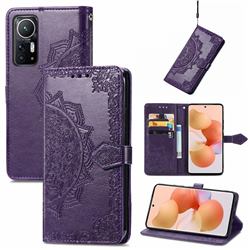 Embossing Imprint Mandala Flower Leather Wallet Case for Xiaomi Mi 12 - Purple