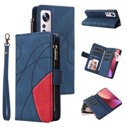 Luxury Two-color Stitching Multi-function Zipper Leather Wallet Case Cover for Xiaomi Mi 12 - Blue