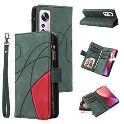 Luxury Two-color Stitching Multi-function Zipper Leather Wallet Case Cover for Xiaomi Mi 12 - Green