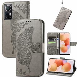 Embossing Mandala Flower Butterfly Leather Wallet Case for Xiaomi Mi 12 - Gray