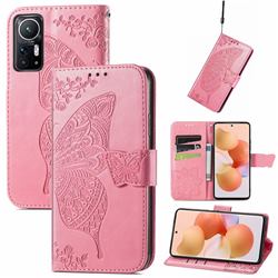 Embossing Mandala Flower Butterfly Leather Wallet Case for Xiaomi Mi 12 - Pink