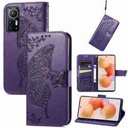 Embossing Mandala Flower Butterfly Leather Wallet Case for Xiaomi Mi 12 - Dark Purple
