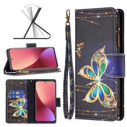 Golden Shining Butterfly Binfen Color BF03 Retro Zipper Leather Wallet Phone Case for Xiaomi Mi 12