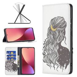 Girl with Long Hair Slim Magnetic Attraction Wallet Flip Cover for Xiaomi Mi 12