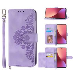 Skin Feel Embossed Lace Flower Multiple Card Slots Leather Wallet Phone Case for Xiaomi Mi 12 - Purple