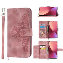 Skin Feel Embossed Lace Flower Multiple Card Slots Leather Wallet Phone Case for Xiaomi Mi 12 - Pink