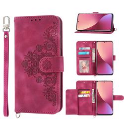 Skin Feel Embossed Lace Flower Multiple Card Slots Leather Wallet Phone Case for Xiaomi Mi 12 - Claret Red