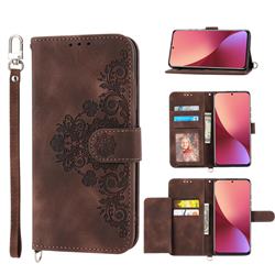 Skin Feel Embossed Lace Flower Multiple Card Slots Leather Wallet Phone Case for Xiaomi Mi 12 - Brown