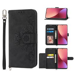 Skin Feel Embossed Lace Flower Multiple Card Slots Leather Wallet Phone Case for Xiaomi Mi 12 - Black