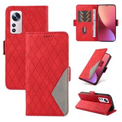 Grid Pattern Splicing Protective Wallet Case Cover for Xiaomi Mi 12 - Red