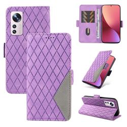 Grid Pattern Splicing Protective Wallet Case Cover for Xiaomi Mi 12 - Purple