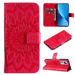 Embossing Sunflower Leather Wallet Case for Xiaomi Mi 12 Lite - Red