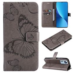 Embossing 3D Butterfly Leather Wallet Case for Xiaomi Mi 12 Lite - Gray