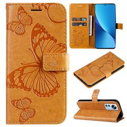 Embossing 3D Butterfly Leather Wallet Case for Xiaomi Mi 12 Lite - Yellow