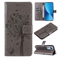Embossing Butterfly Tree Leather Wallet Case for Xiaomi Mi 12 Lite - Grey