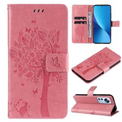 Embossing Butterfly Tree Leather Wallet Case for Xiaomi Mi 12 Lite - Pink