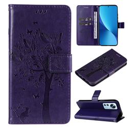 Embossing Butterfly Tree Leather Wallet Case for Xiaomi Mi 12 Lite - Purple