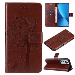 Embossing Butterfly Tree Leather Wallet Case for Xiaomi Mi 12 Lite - Coffee