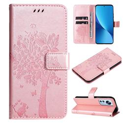 Embossing Butterfly Tree Leather Wallet Case for Xiaomi Mi 12 Lite - Rose Pink