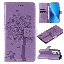 Embossing Butterfly Tree Leather Wallet Case for Xiaomi Mi 12 Lite - Violet