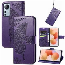 Embossing Mandala Flower Butterfly Leather Wallet Case for Xiaomi Mi 12 Lite - Dark Purple