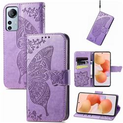 Embossing Mandala Flower Butterfly Leather Wallet Case for Xiaomi Mi 12 Lite - Light Purple
