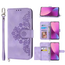 Skin Feel Embossed Lace Flower Multiple Card Slots Leather Wallet Phone Case for Xiaomi Mi 12 Lite - Purple