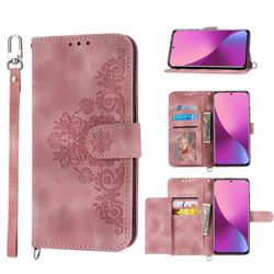Skin Feel Embossed Lace Flower Multiple Card Slots Leather Wallet Phone Case for Xiaomi Mi 12 Lite - Pink