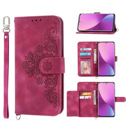 Skin Feel Embossed Lace Flower Multiple Card Slots Leather Wallet Phone Case for Xiaomi Mi 12 Lite - Claret Red