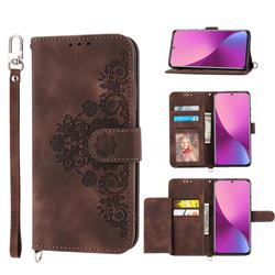 Skin Feel Embossed Lace Flower Multiple Card Slots Leather Wallet Phone Case for Xiaomi Mi 12 Lite - Brown