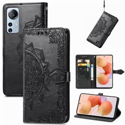 Embossing Imprint Mandala Flower Leather Wallet Case for Xiaomi Mi 12 Lite - Black