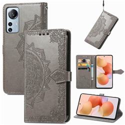 Embossing Imprint Mandala Flower Leather Wallet Case for Xiaomi Mi 12 Lite - Gray