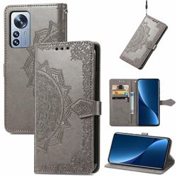 Embossing Imprint Mandala Flower Leather Wallet Case for Xiaomi Mi 12 Pro - Gray