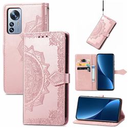 Embossing Imprint Mandala Flower Leather Wallet Case for Xiaomi Mi 12 Pro - Rose Gold