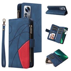 Luxury Two-color Stitching Multi-function Zipper Leather Wallet Case Cover for Xiaomi Mi 12 Pro - Blue