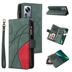 Luxury Two-color Stitching Multi-function Zipper Leather Wallet Case Cover for Xiaomi Mi 12 Pro - Green