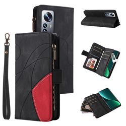 Luxury Two-color Stitching Multi-function Zipper Leather Wallet Case Cover for Xiaomi Mi 12 Pro - Black