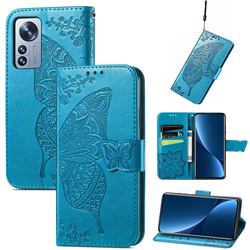 Embossing Mandala Flower Butterfly Leather Wallet Case for Xiaomi Mi 12 Pro - Blue