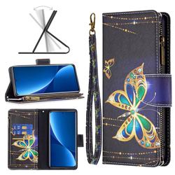Golden Shining Butterfly Binfen Color BF03 Retro Zipper Leather Wallet Phone Case for Xiaomi Mi 12 Pro