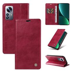 YIKATU Litchi Card Magnetic Automatic Suction Leather Flip Cover for Xiaomi Mi 12 Pro - Wine Red