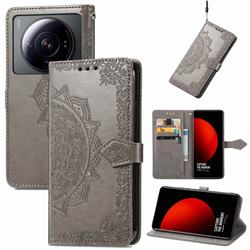Embossing Imprint Mandala Flower Leather Wallet Case for Xiaomi Mi 12S Ultra - Gray