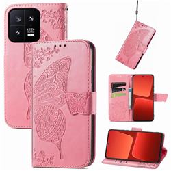 Embossing Mandala Flower Butterfly Leather Wallet Case for Xiaomi Mi 13 - Pink