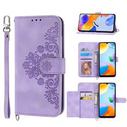 Skin Feel Embossed Lace Flower Multiple Card Slots Leather Wallet Phone Case for Xiaomi Mi 13 - Purple