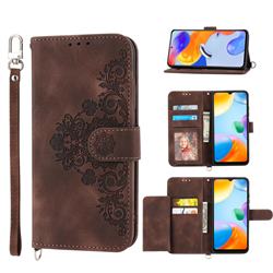 Skin Feel Embossed Lace Flower Multiple Card Slots Leather Wallet Phone Case for Xiaomi Mi 13 - Brown
