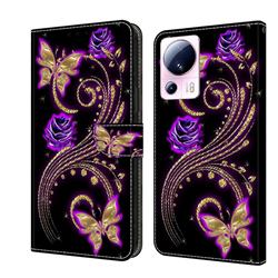 Purple Flower Butterfly Crystal PU Leather Protective Wallet Case Cover for Xiaomi Mi 13 Lite