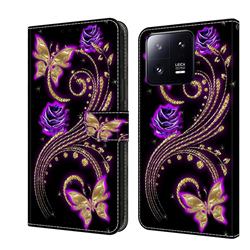Purple Flower Butterfly Crystal PU Leather Protective Wallet Case Cover for Xiaomi Mi 13 Pro